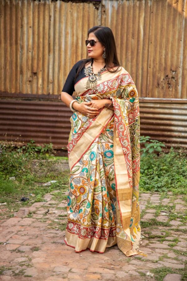 Zari Border Pure Handloom Gachi Tussar Saree with Hand-Painted Pen Kalamkari Vegetable Colors