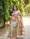 Zari Border Pure Handloom Gachi Tussar Saree with Hand-Painted Pen Kalamkari Vegetable Colors