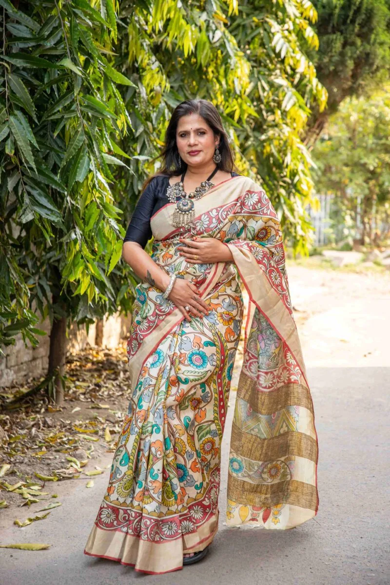 Zari Border Pure Handloom Gachi Tussar Saree with Hand-Painted Pen Kalamkari Vegetable Colors