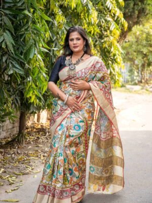 Zari Border Pure Handloom Gachi Tussar Saree with Hand-Painted Pen Kalamkari Vegetable Colors
