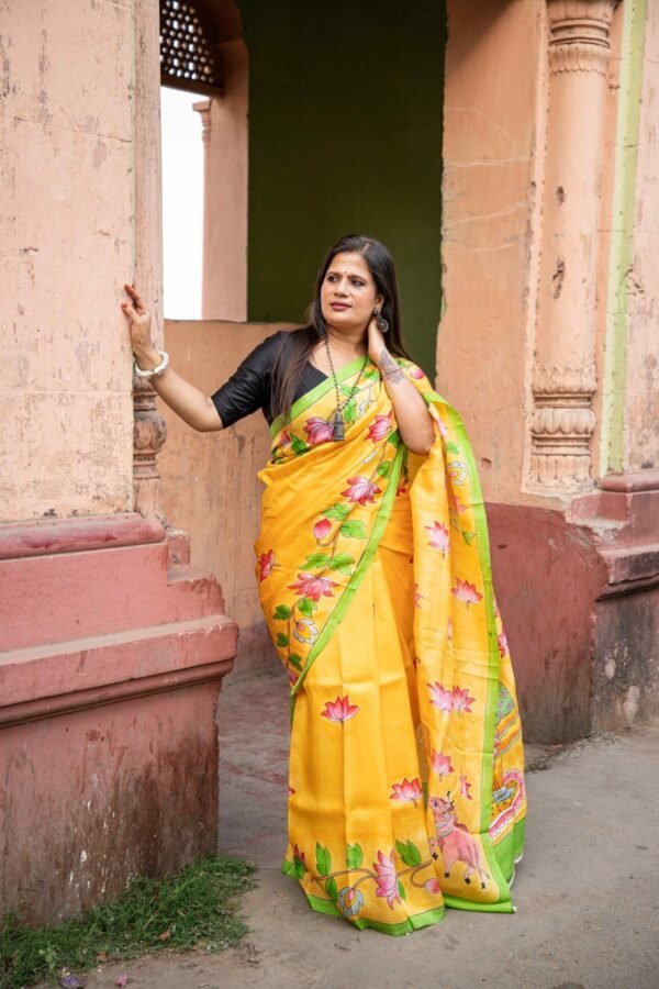 Hand-Painted Pen Kalamkari Pitchwai Design Pure Handloom Bishnupuri Katan Silk Saree