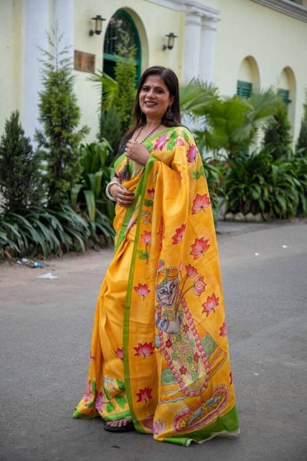 Hand-Painted Pen Kalamkari Pitchwai Design Pure Handloom Bishnupuri Katan Silk Saree