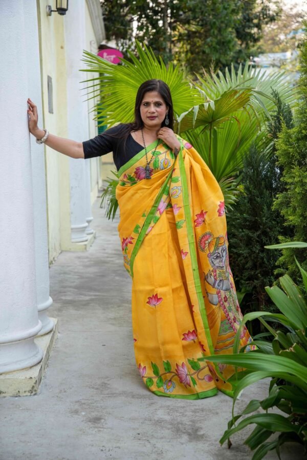 Hand-Painted Pen Kalamkari Pitchwai Design Pure Handloom Bishnupuri Katan Silk Saree