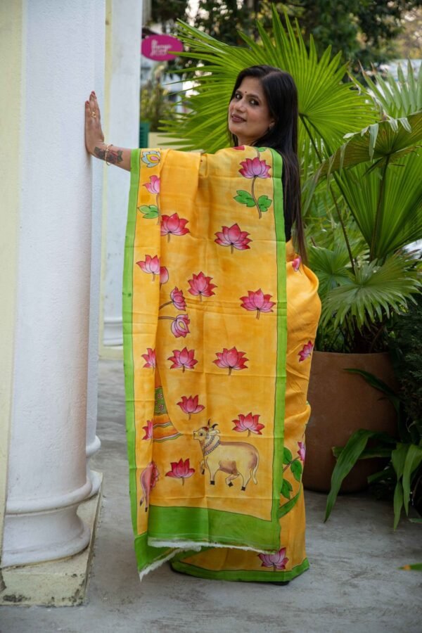 Hand-Painted Pen Kalamkari Pitchwai Design Pure Handloom Bishnupuri Katan Silk Saree