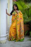 Hand-Painted Pen Kalamkari Pitchwai Design Pure Handloom Bishnupuri Katan Silk Saree