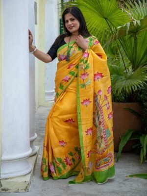Hand-Painted Pen Kalamkari Pitchwai Design Pure Handloom Bishnupuri Katan Silk Saree