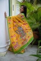 Hand-Painted Pen Kalamkari Pitchwai Design Pure Handloom Bishnupuri Katan Silk Saree