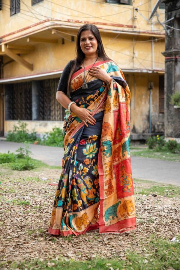 Pure Tussar Silk Saree with Hand-Painted Pen Kalamkari