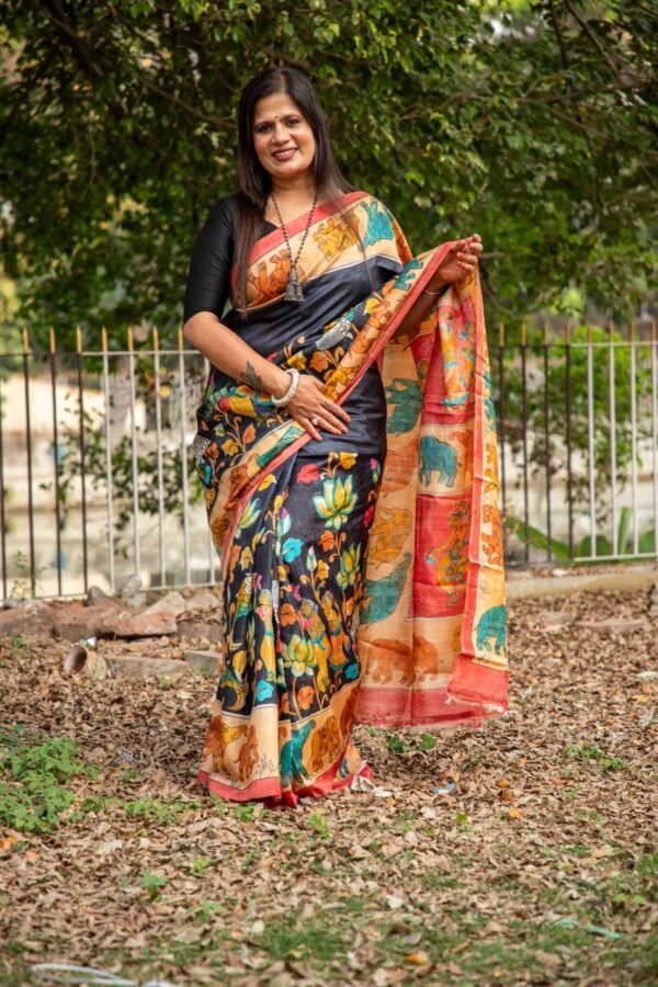 Pure Tussar Silk Saree with Hand-Painted Pen Kalamkari