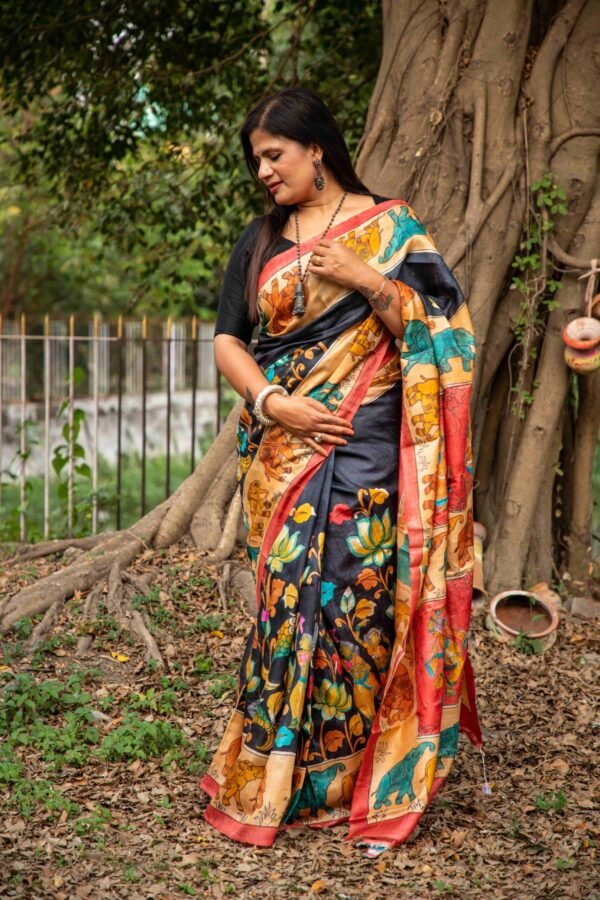 Pure Tussar Silk Saree with Hand-Painted Pen Kalamkari