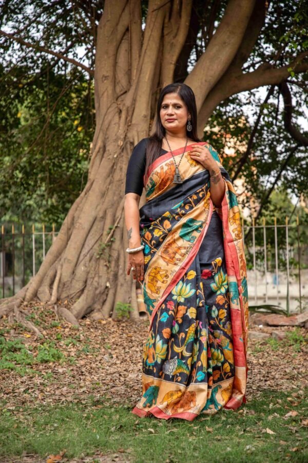 Pure Tussar Silk Saree with Hand-Painted Pen Kalamkari