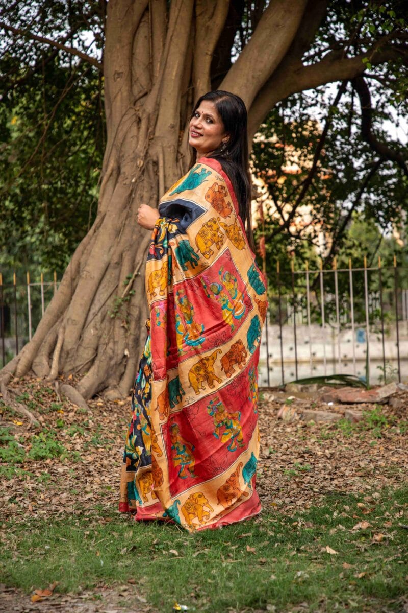 Pure Tussar Silk Saree with Hand-Painted Pen Kalamkari - Image 8