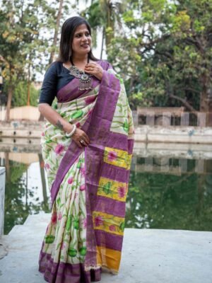 Handloom Tussar Silk Saree with Hand-Painted Pen Kalamkari Design