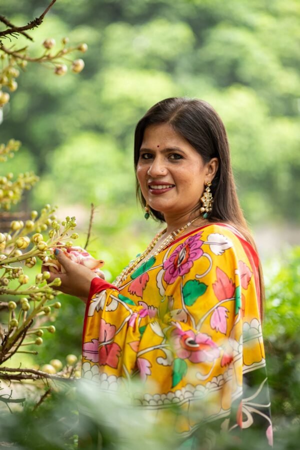 Bishnupuri Katan Silk Saree with Hand-Painted Organic Pen Kalamkari