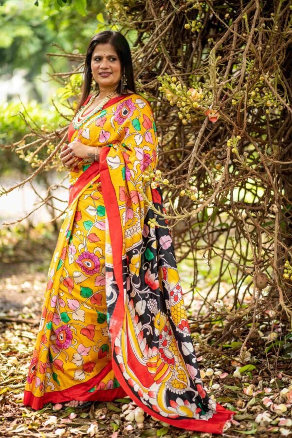 Bishnupuri Katan Silk Saree with Hand-Painted Organic Pen Kalamkari