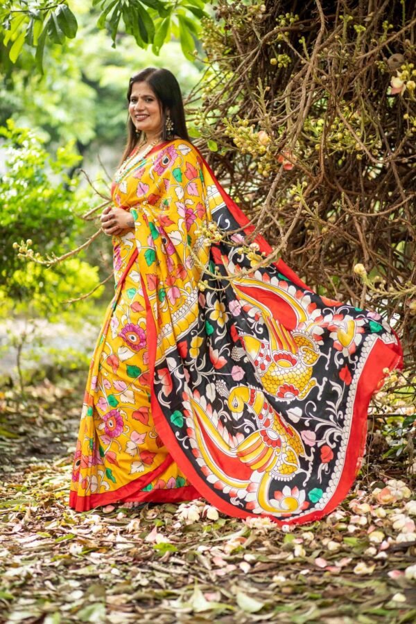 Bishnupuri Katan Silk Saree with Hand-Painted Organic Pen Kalamkari