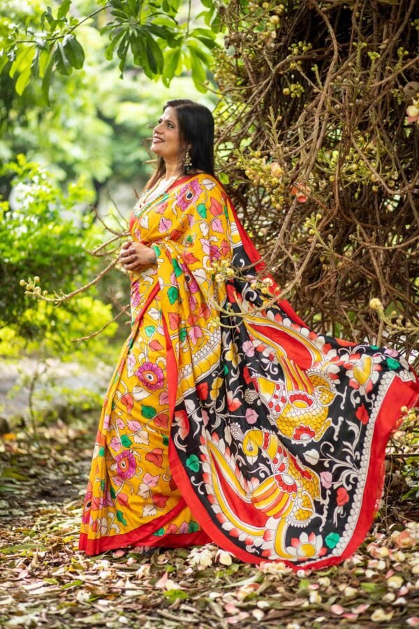 Bishnupuri Katan Silk Saree with Hand-Painted Organic Pen Kalamkari