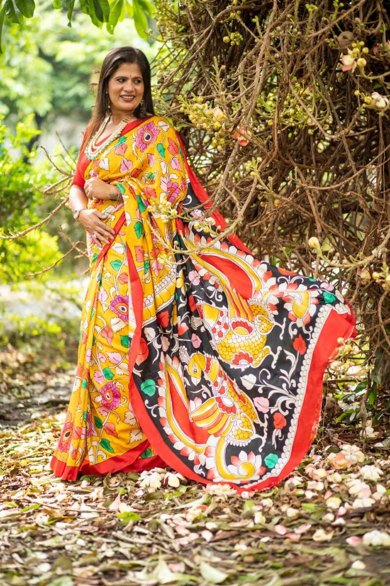 Bishnupuri Katan Silk Saree with Hand-Painted Organic Pen Kalamkari - Image 5