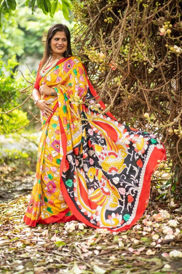 Bishnupuri Katan Silk Saree with Hand-Painted Organic Pen Kalamkari