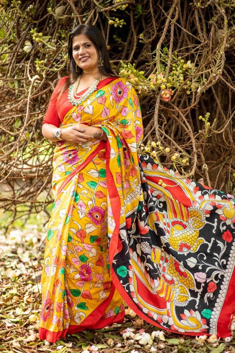 Bishnupuri Katan Silk Saree with Hand-Painted Organic Pen Kalamkari