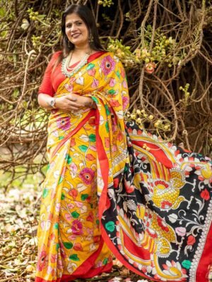 Bishnupuri Katan Silk Saree with Hand-Painted Organic Pen Kalamkari