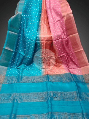 Pekham Series Hand Block Print Polka Dot Tussar Silk Saree