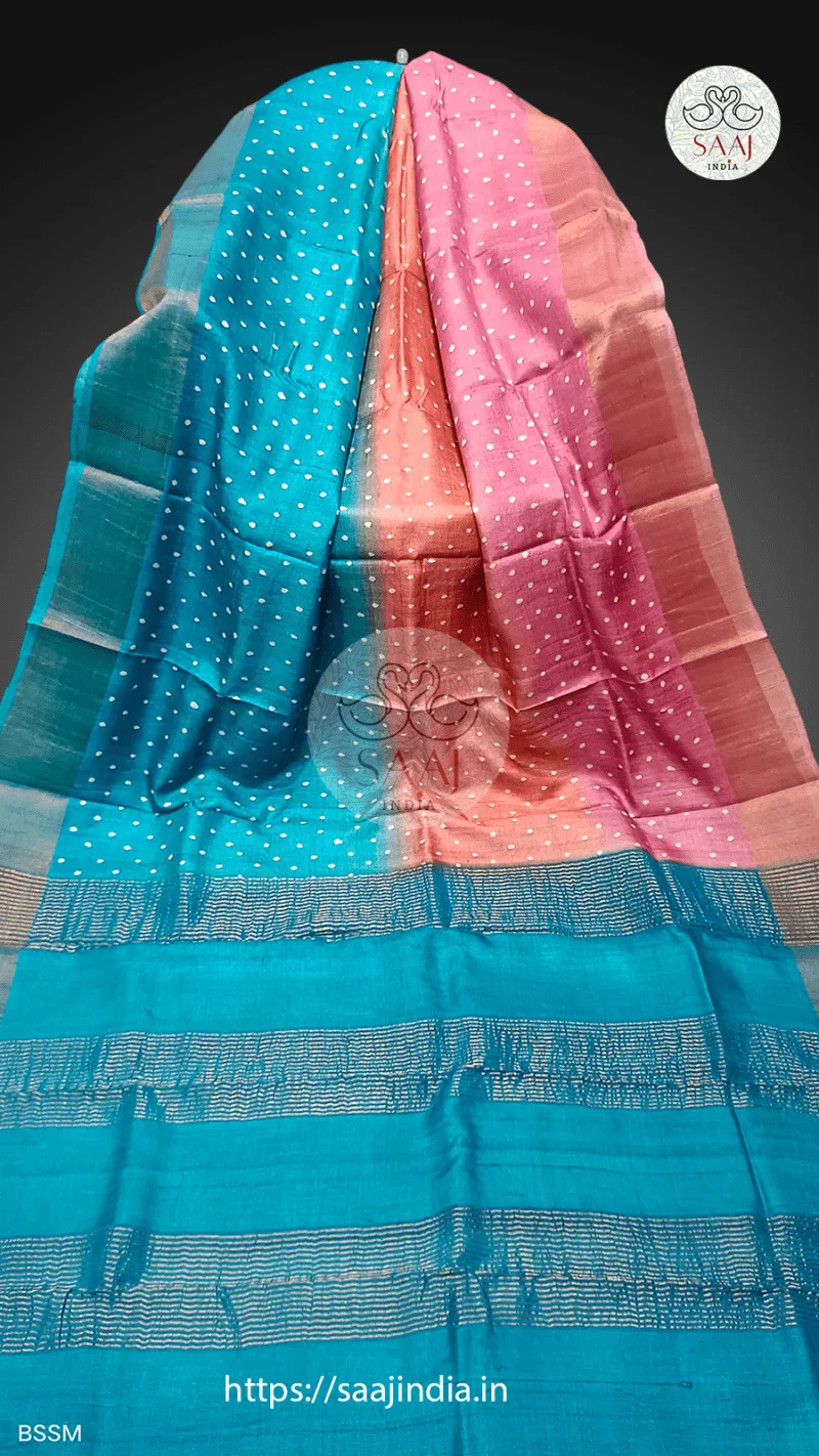 Pekham Series Hand Block Print Polka Dot Tussar Silk Saree