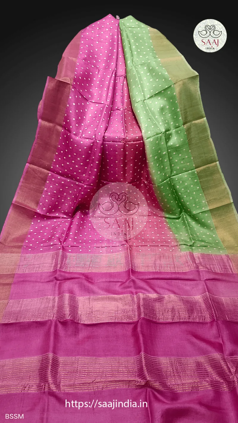 Pekham Series Hand Block Print Polka Dot Tussar Silk Saree - Image 2