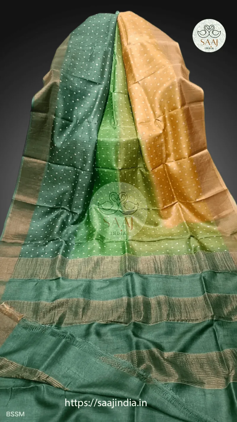 Pekham Series Hand Block Print Polka Dot Tussar Silk Saree - Image 3