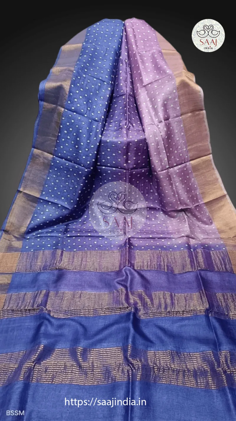 Pekham Series Hand Block Print Polka Dot Tussar Silk Saree - Image 4