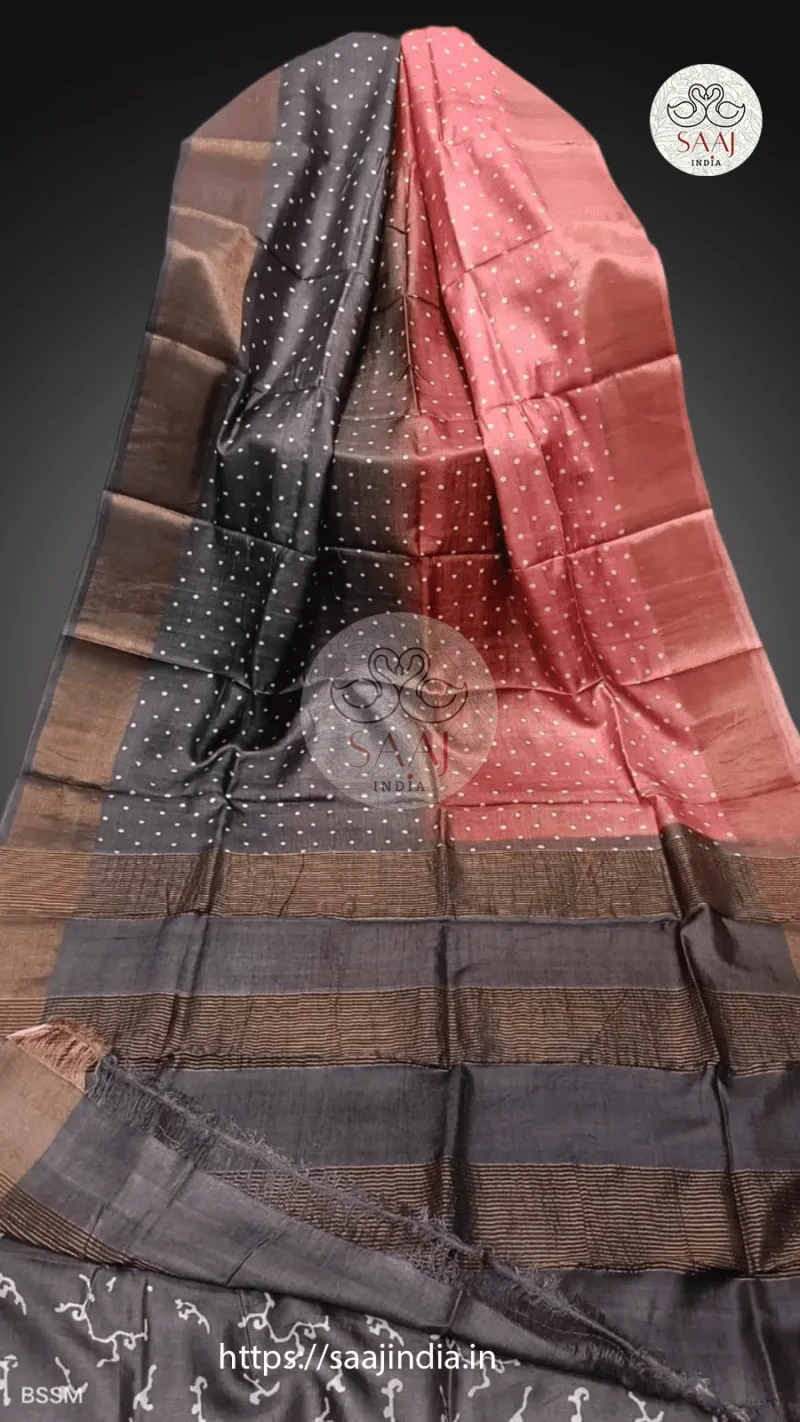 Pekham Series Hand Block Print Polka Dot Tussar Silk Saree - Image 5