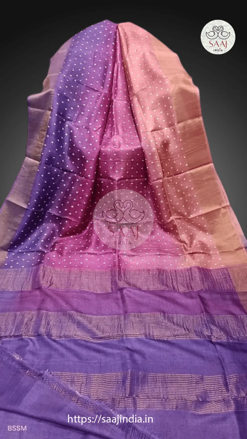 Pekham Series Hand Block Print Polka Dot Tussar Silk Saree - Image 6