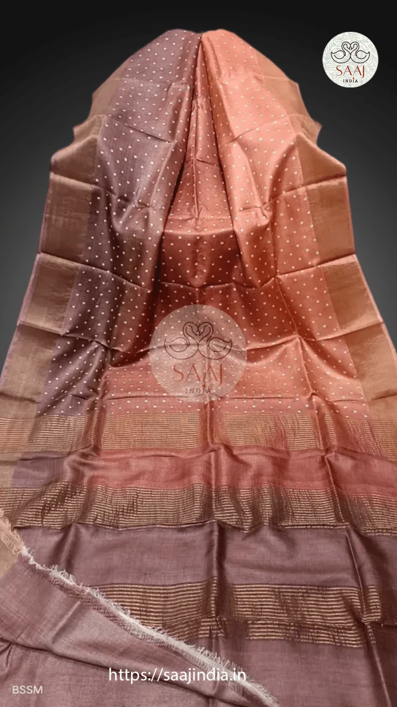 Pekham Series Hand Block Print Polka Dot Tussar Silk Saree - Image 7