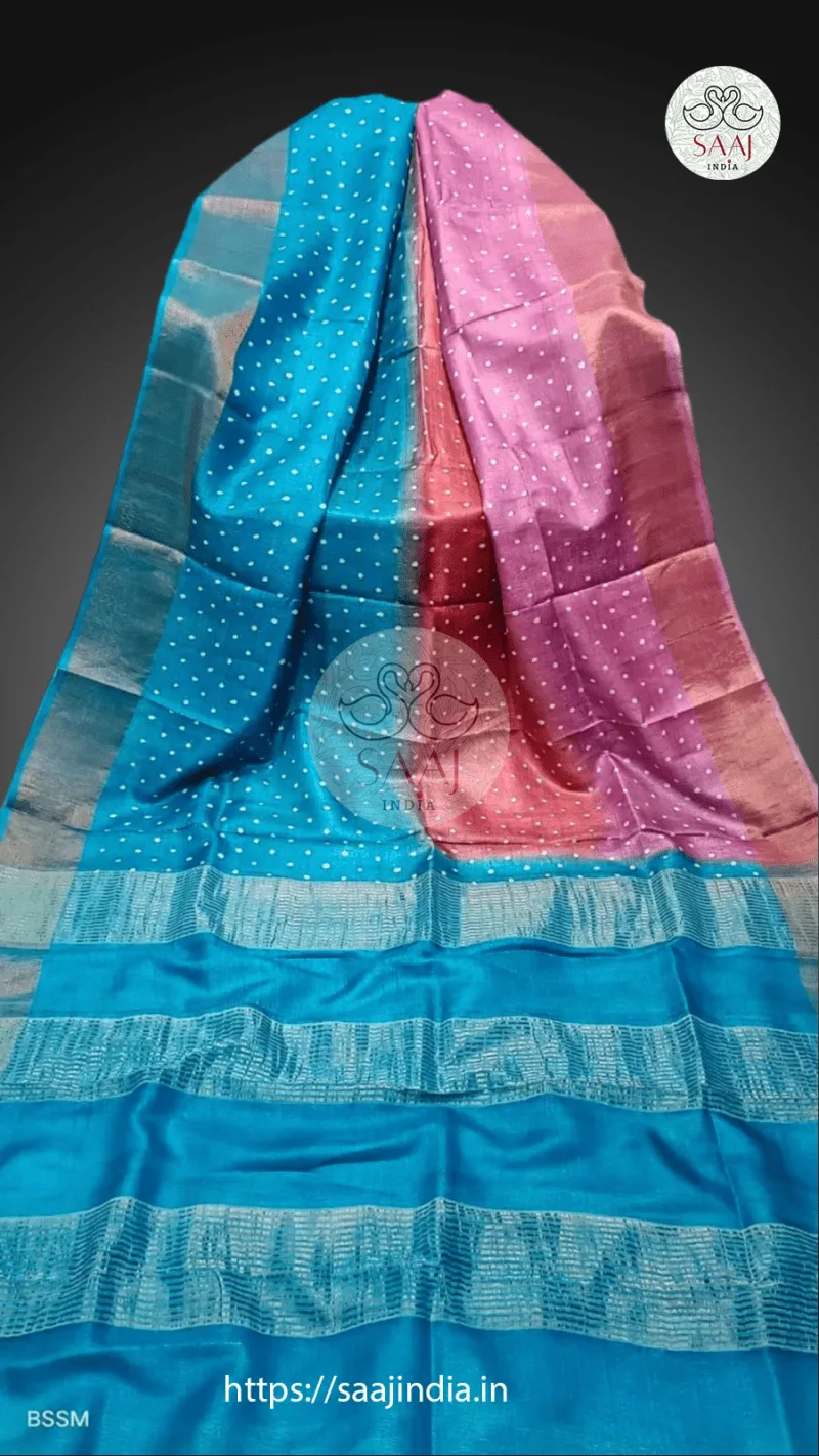 Pekham Series Hand Block Print Polka Dot Tussar Silk Saree - Image 8