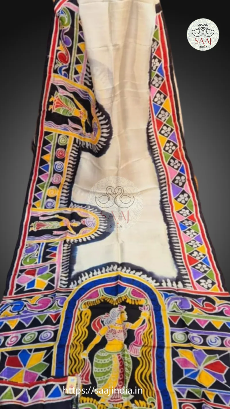 Festive Hand-Painted Batik Silk Saree - Image 3