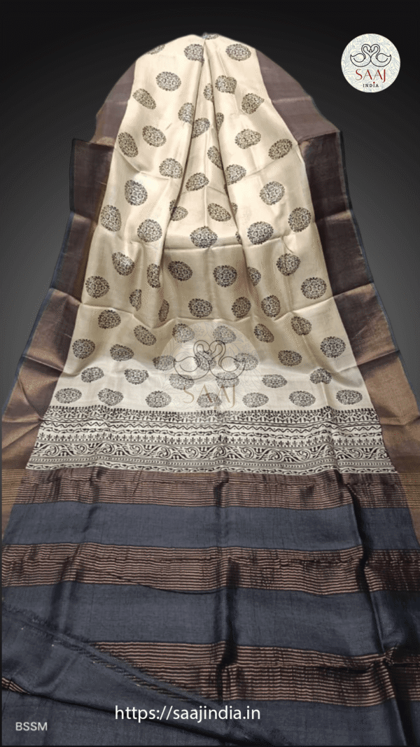 Sweta Series Hand-Block Printed Tussar Silk Saree - SAAJINDIA Sweta Series Hand-Block Printed Tussar Silk Saree