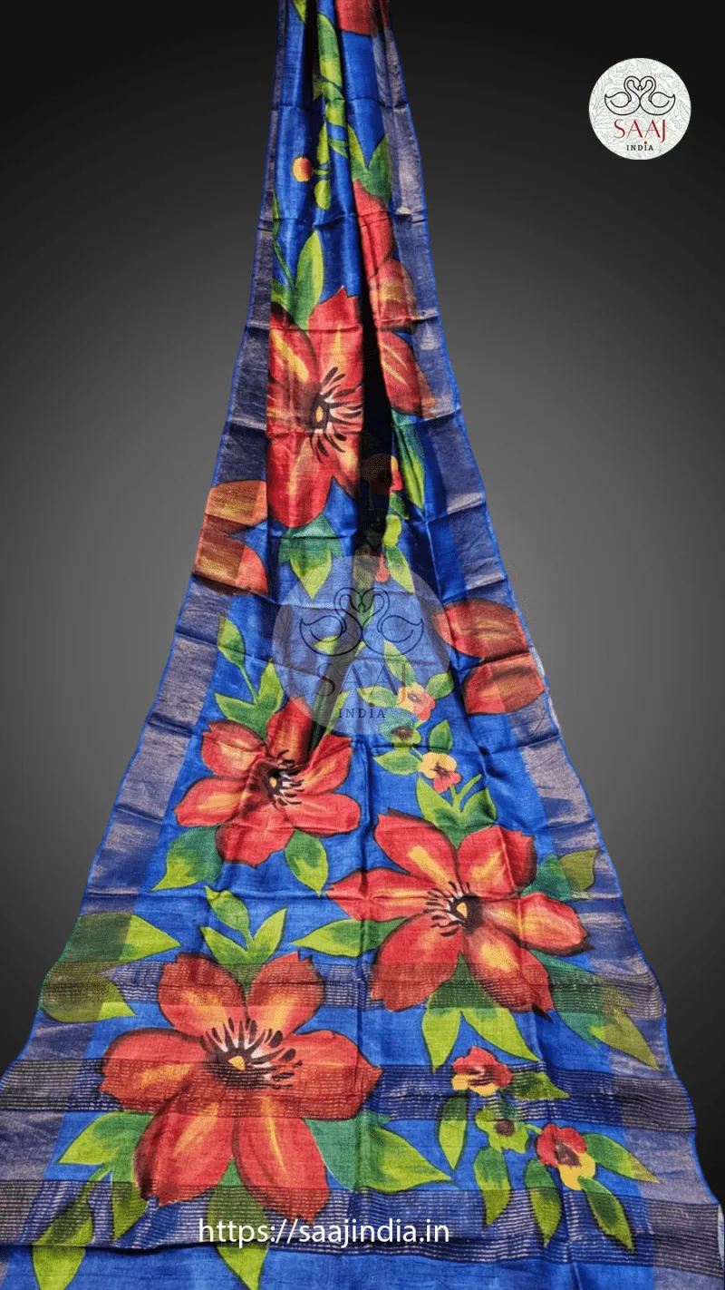 Sarojini Series Handpainted Zari Border Tussar Saree - Image 9