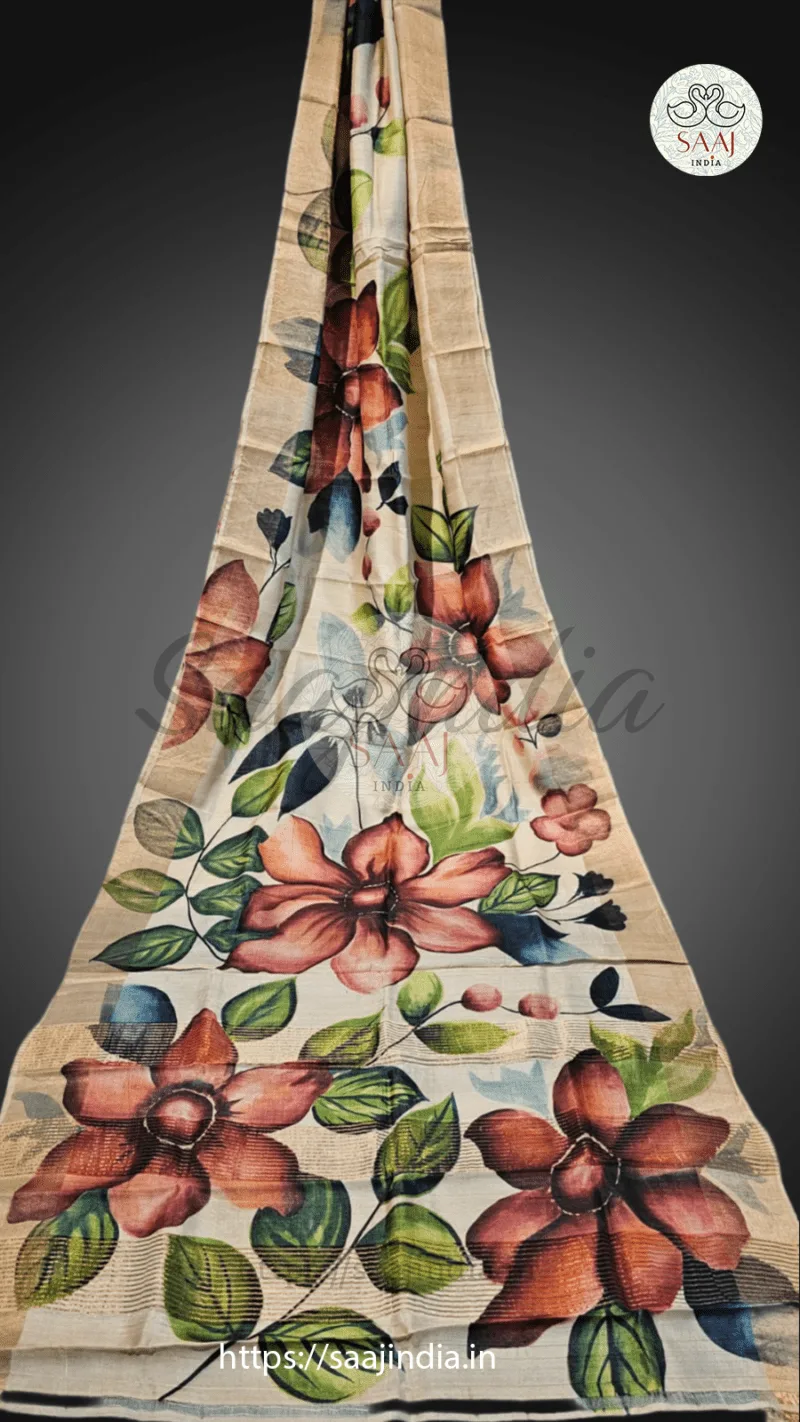 Sarojini Series Handpainted Zari Border Tussar Saree - Image 8