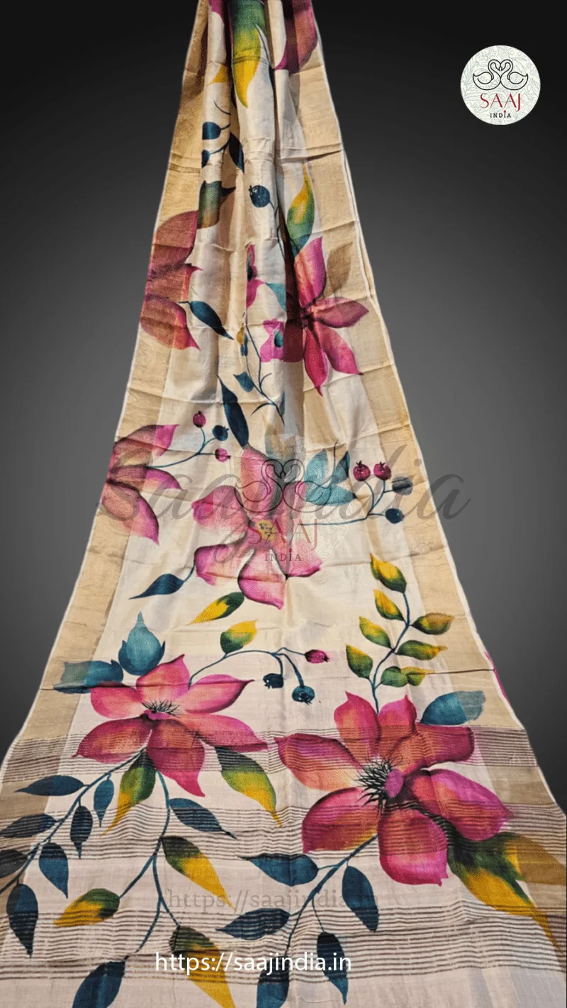 Sarojini Series Handpainted Zari Border Tussar Saree - Image 7