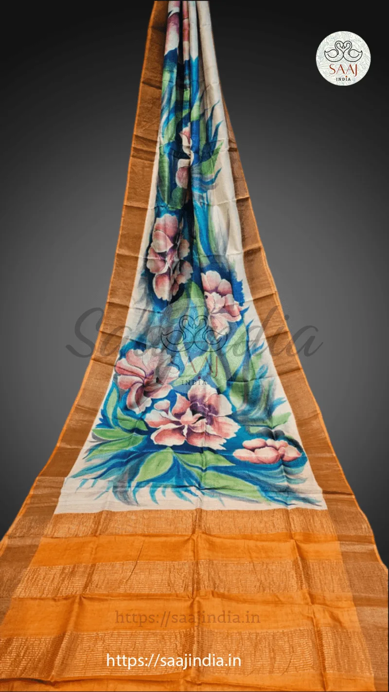 Sarojini Series Handpainted Zari Border Tussar Saree - Image 6