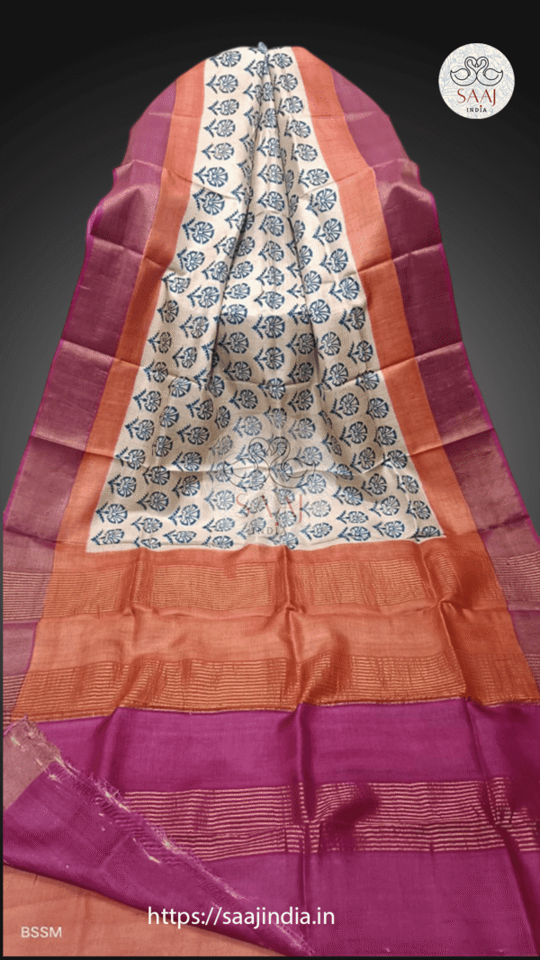 Sweta Series Hand-Block Printed Tussar Silk Saree - SAAJINDIA Sweta Series Hand-Block Printed Tussar Silk Saree