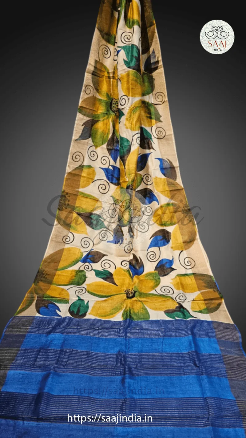 Sarojini Series Handpainted Zari Border Tussar Saree - Image 5