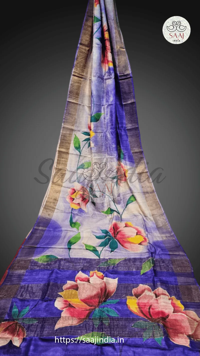 Sarojini Series Handpainted Zari Border Tussar Saree - Image 4
