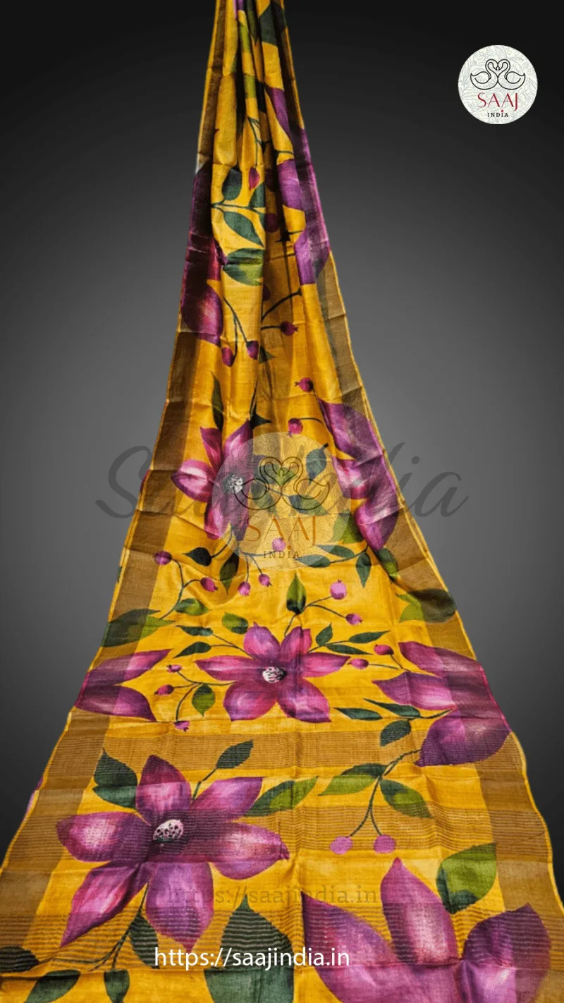 Sarojini Series Handpainted Zari Border Tussar Saree - Image 3