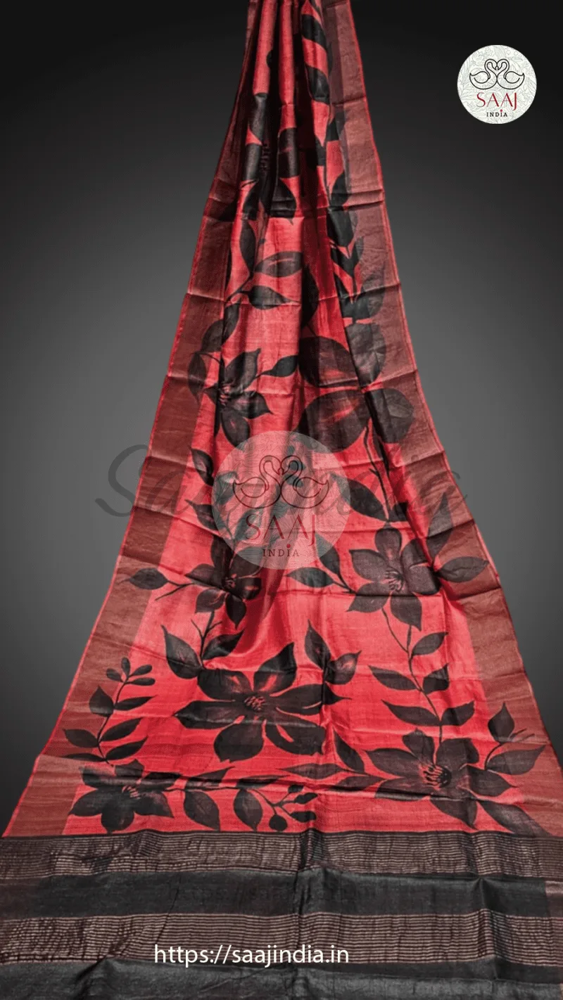 Sarojini Series Handpainted Zari Border Tussar Saree - Image 2