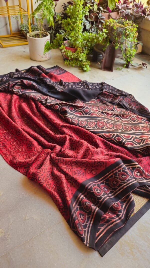 Hand Block Natural Ajrak On Pure Modal Silk Saree