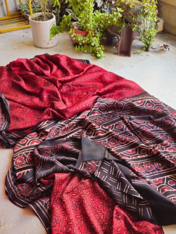 Hand Block Natural Ajrak On Pure Modal Silk Saree