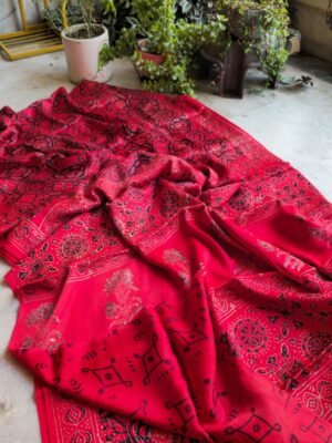 Hand Block Natural Ajrak On Pure Modal Silk Saree