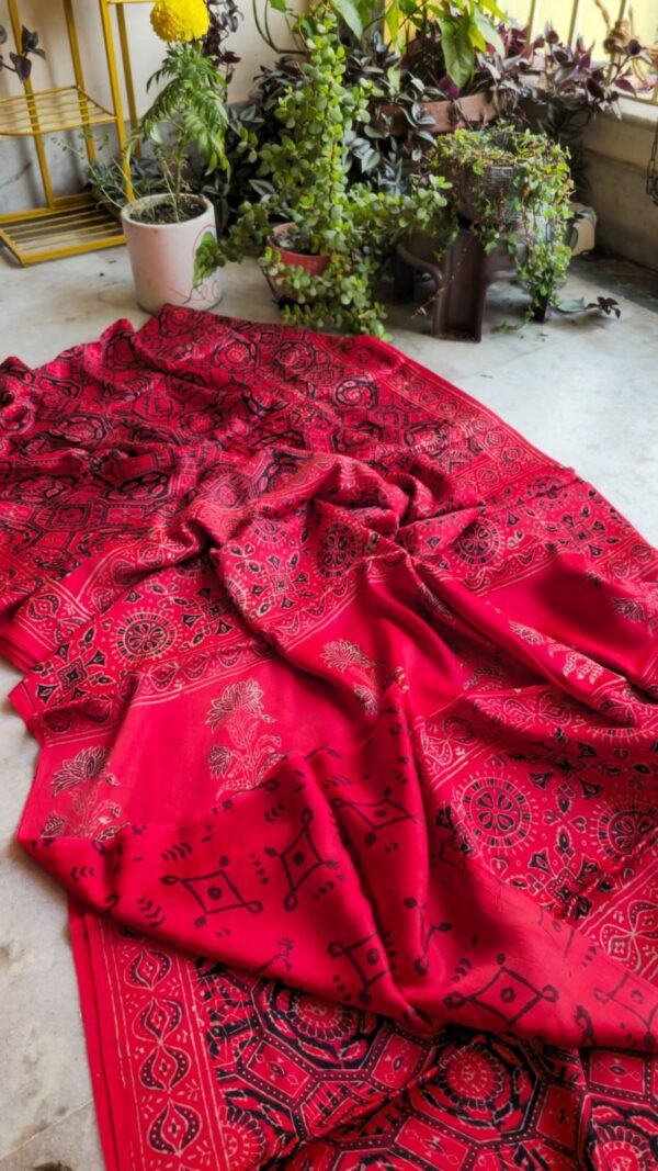 Hand Block Natural Ajrak On Pure Modal Silk Saree