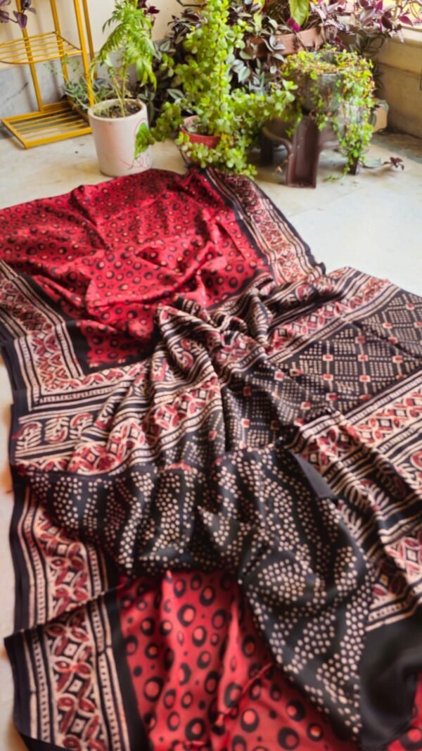 Hand Block Natural Ajrak On Pure Modal Silk Saree
